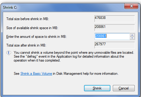 Windows 7 Disk Management, Shrink Volume, Enter New Size